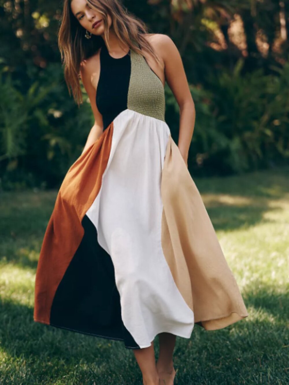 NWT Anthropologie Celandine Smocked Halter Midi Dress in Brown with Pockets